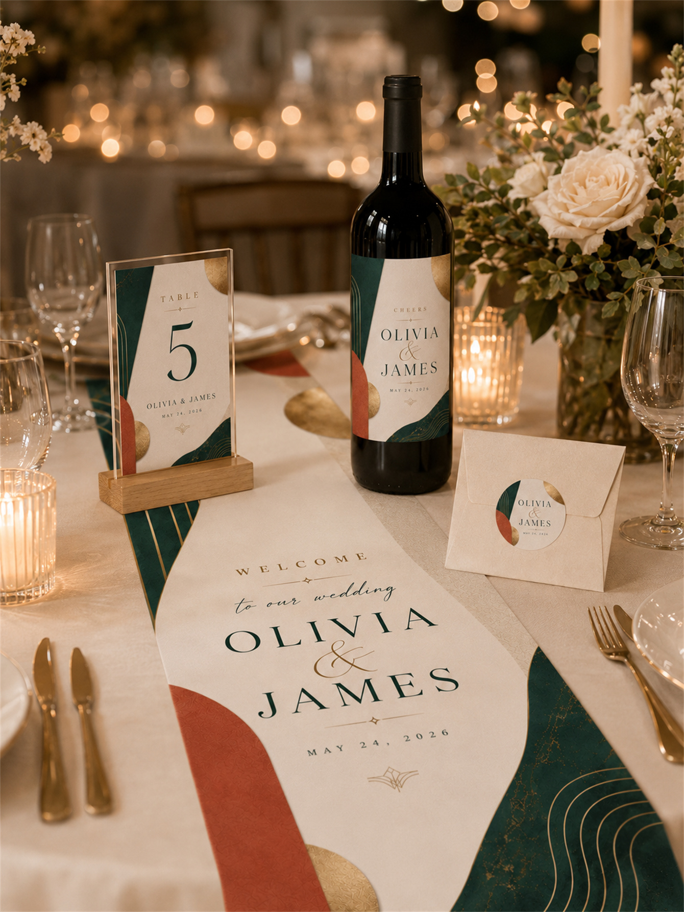 Emerald green and terracotta rust wedding decorations - abstract curved shapes for a modern and luxurious wedding - custom names and dates